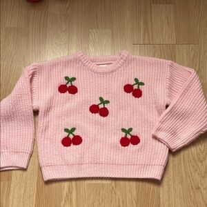 SHEIN Pink Knit Sweater with Red Cherry Embroidery
